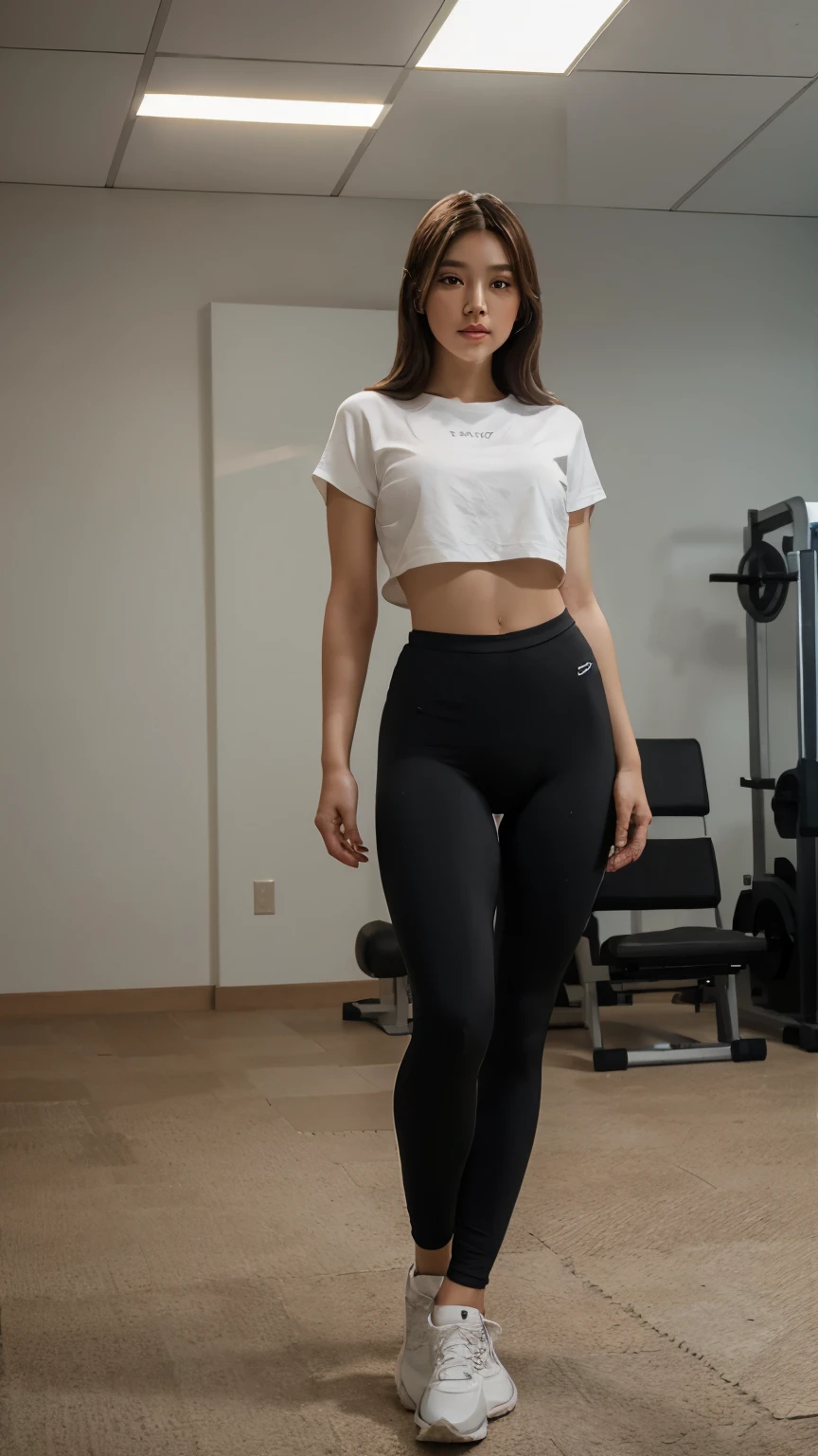 (8k, RAW photo, best quality, masterpiece:1.2), (realistic, photo-realistic:1.37),1girl, professional lighting, photon mapping, radiosity, Korean Doll, leggings, gym, dynamic pose