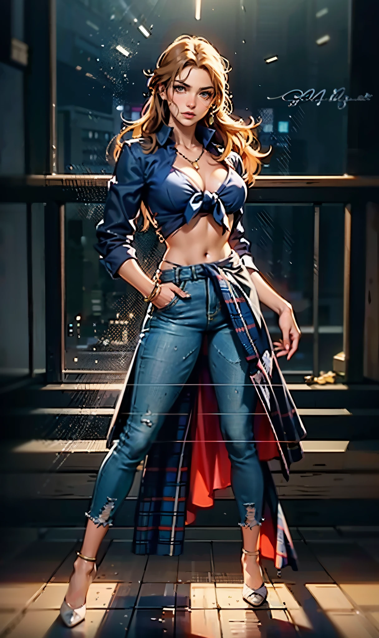 A woman with light brown long hair, a delicate face, a blank look in her eyes, a slender and firm dancer's figure, a fantasy-realistic style outfit, she ties a French shirt at her chest, revealing her graceful waistline, she wears tight jeans on her lower body, a flowing skirt is gracefully tied around her waist, she walks leisurely in a fantasy-style town, this character embodies a finely crafted fantasy-realistic style female dancer in anime style, exquisite and mature manga art style, beautiful woman, high definition, best quality, highres, ultra-detailed, ultra-fine painting, extremely delicate, professional, anatomically correct, symmetrical face, extremely detailed eyes and face, high quality eyes, creativity, RAW photo, UHD, 8k, Natural light, cinematic lighting, masterpiece-anatomy-perfect, masterpiece:1.5