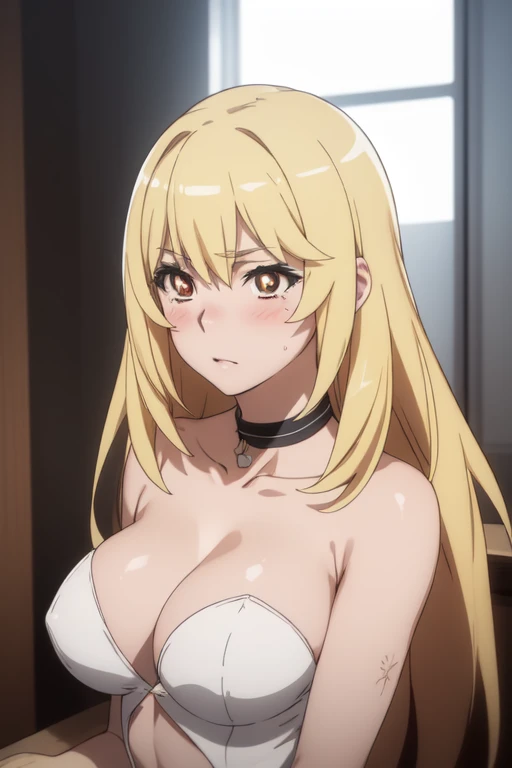 (masterpiece, best quality:1.2, high resolution, anime screencap, anime colored, 8k, photorealistic), 1girl, blonde hair, large breasts, choker, playboy suit, upper body:1.5, indoors, lights, blush, timid, Sit, (perfect detailed anatomy, beautiful detailed face&eyes:1.5, shiny skin, perfect sharp body)