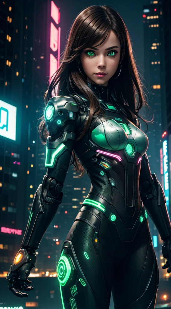 cyborg girl, robot hand, green eyes, cyberpunk city background, neon light, dark brown hair, greeting pose, masterpiece, ultra high details