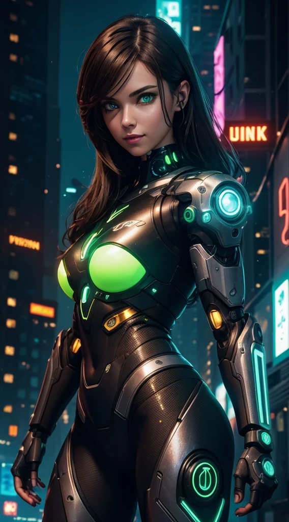 cyborg girl, robot hand, green eyes, cyberpunk city background, neon light, dark brown hair, greeting pose, masterpiece, ultra high details