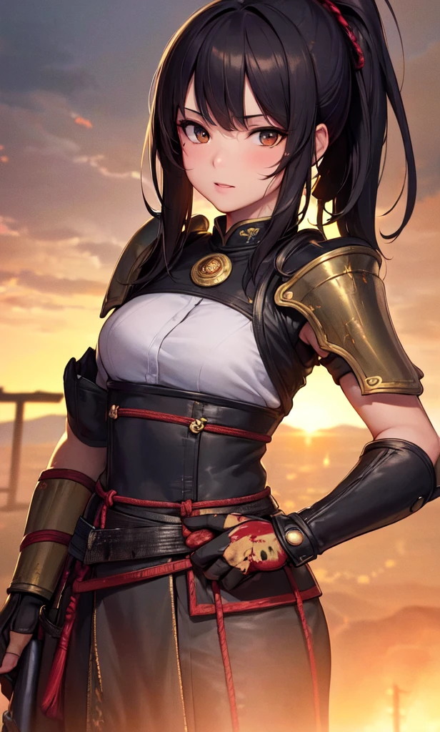 photo realistic, anime style, (8k, RAW photo, best quality, masterpiece:1.2), High detail RAW color photo, professional photograph, cowboy shot, (realistic, photo realistic:1.37),cinematic light, (finery detailed face:1.2), cowboy shot, thigh 1 girl, 18-28 years old, very cute, very beautiful, photo realistic, event companion, BREAK, white skin, real human skin, (detailed face), oval face, pores, ultra high res, BREAK, slim, (medium-large-breast:1.37, cleavage:1.37), (looking straight at viewer with a serene and goddess-like happiness:1.2), (lifter gloss, eyelashes, gloss-face, best quality, ultra highres, Broad lighting, natural shading), (beautiful thin long hair, pony-tail:1.3, brown hair),, BREAK, 1 woman, elegant beauty, radiant skin, (Maeda Keiji costume:1.3), (warring-states-era:1.4), solo, (eccentric-fashion:1.2), (tiger-pattern-accent:1.3) (samurai-armor:1.5), detailed traditional clothing, (style-sengoku:1.3), detailed face expression, (style-dynamic:0.8), standing pose, holding katana, determined expression, (background: battlefield), (style-battle-ready:0.9), historical atmosphere, armor details, detailed background, (style-wafuku:0.9), powerful aura,
