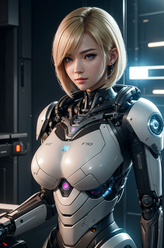 Intelligent Bionic Robot、femele、Cyborg Robot Parts、cable electric wires、microchips、bright studio、hyperphotorealism、high-detail、intricate detailes、softlighting、Rim Lights、rendering by octane、Unreal Engine 5 Renders、Mechanical Public Enemy Style、8K、top-quality、masterpiece、Low ISO、White Balance、high key lighting、Creates a soft and graceful feel with a shallow depth of field,超A high resolution,Big Breast Machine,cyberpunked,Blonde Short Bob,