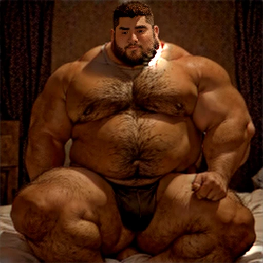 Arafi man sitting on bed with big belly, exaggerated physique, surreal full body figure, thick, sturdy, unusually large physique, muscular character, morbidly obesity, thickボディ, strong and sturdy body, obesity, attractive sturdy man, extremely swollen hips, very realistic, powerful and huge, Looks heavy