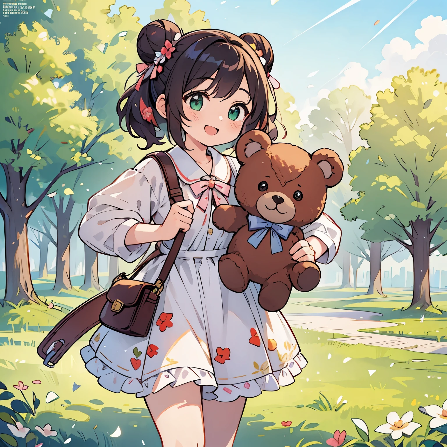 (best quality,4k,8k,highres,masterpiece:1.2),ultra-detailed,(realistic,photorealistic,photo-realistic:1.37),Illustration,Octane Render,morning park,a walking with a teddy bear, the girl has a bun hairstyle and a smiling face, vibrant colors, soft sunlight, beautiful flowers, green grass, playful atmosphere, peaceful environment,detailed textures, vibrant colors, cute teddy bear outfit, joyful expression