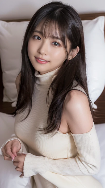 ((Dark interior with conspicuous neon lights、No window、Alcohol is displayed、dark room:1))(Photoreal)、(Super high realism)、(ultra high resolution)、(Ultra high definition)(((bright smile))) ( girl、super cute face, natural makeup)(fair skin、beautiful skin、Extremely realistic texture)(sparkling eyes、realistic eyes)(brown hair、thin hair、moist and tidy hair、shiny beautiful hair、Long straight hair up to the waist、hair behind ears、extremely detailed hair)((Long piercings))beautiful breasts、beautiful cleavage、thin waist、constriction、big ass(turtleneck knit dress、Holes in the chest、micro mini)((Neon tubes on the background))(A bold inviting pose))((((From directly above、full body shot、ankle))))((((ベットにsleep、sleep:1、put your head on the pillow))))