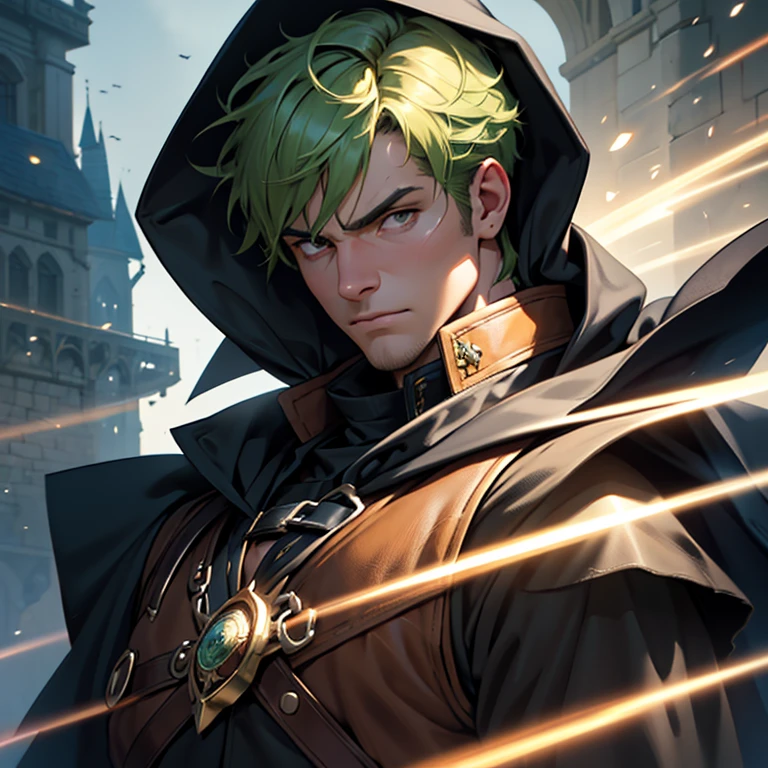 (disorganized, High resolution, 4K，8K，Super detailed),Originality，male, good looking, High muscular face, broad shoulders, detailed eyes, short green hair, brown eyes, cloak, wearing a hood, Leather Vest, 2 daggers on the belt, medieval castle, Atmosphere in the Middle Ages, natural light and shadow,Magic Dust，Bright particles fly around a man, Composed like a pro，wonderful, Mysterious, bright shine, lighting like a pro，Confronting, serious expression, cold, thoughtful, dynamic angle，fantasy