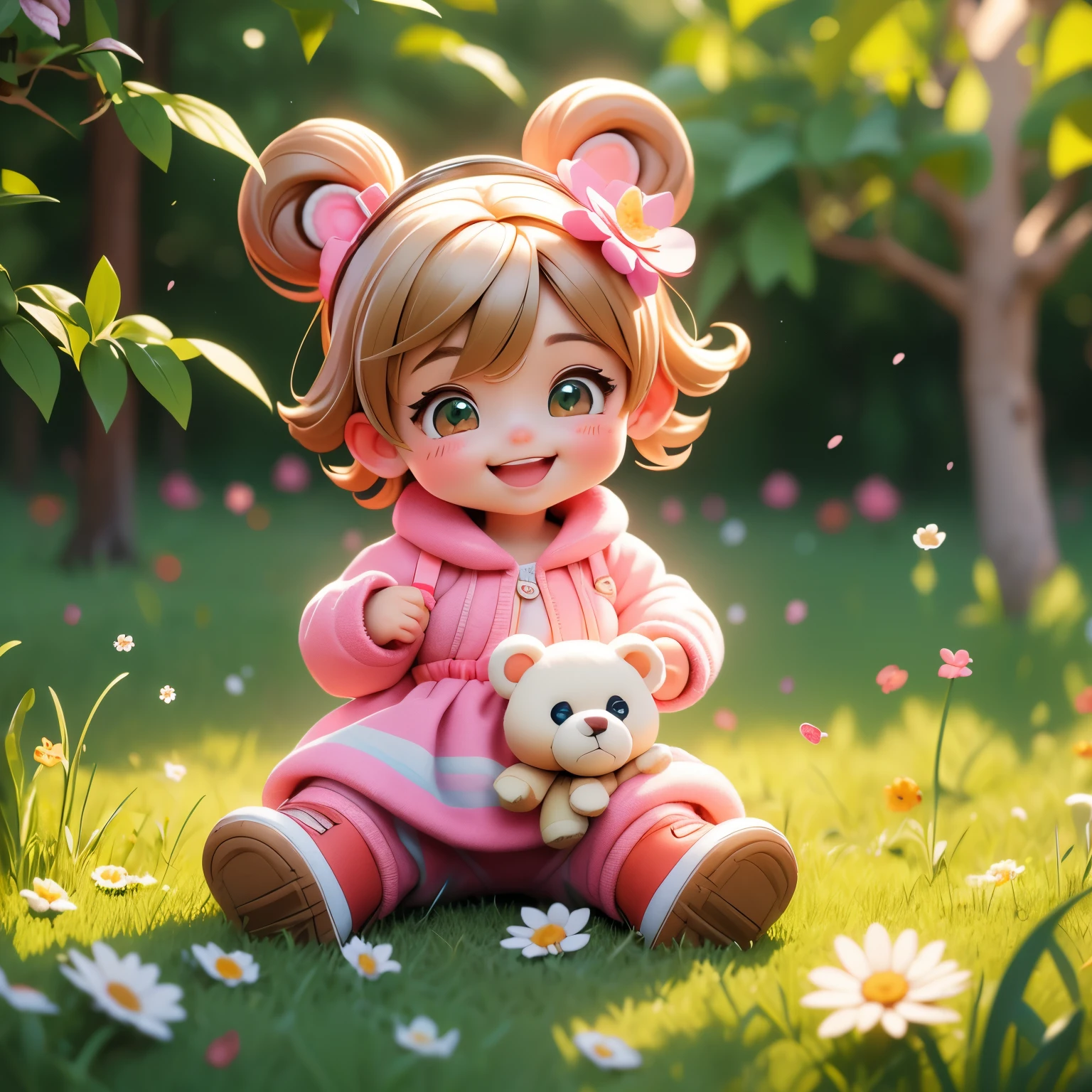 (best quality,4k,8k,highres,masterpiece:1.2),ultra-detailed,(realistic,photorealistic,photo-realistic:1.37),Illustration,Octane Render,morning park,a walking with a teddy bear, the girl has a bun hairstyle and a smiling face, vibrant colors, soft sunlight, beautiful flowers, green grass, playful atmosphere, peaceful environment,detailed textures, vibrant colors, cute teddy bear outfit, joyful expression