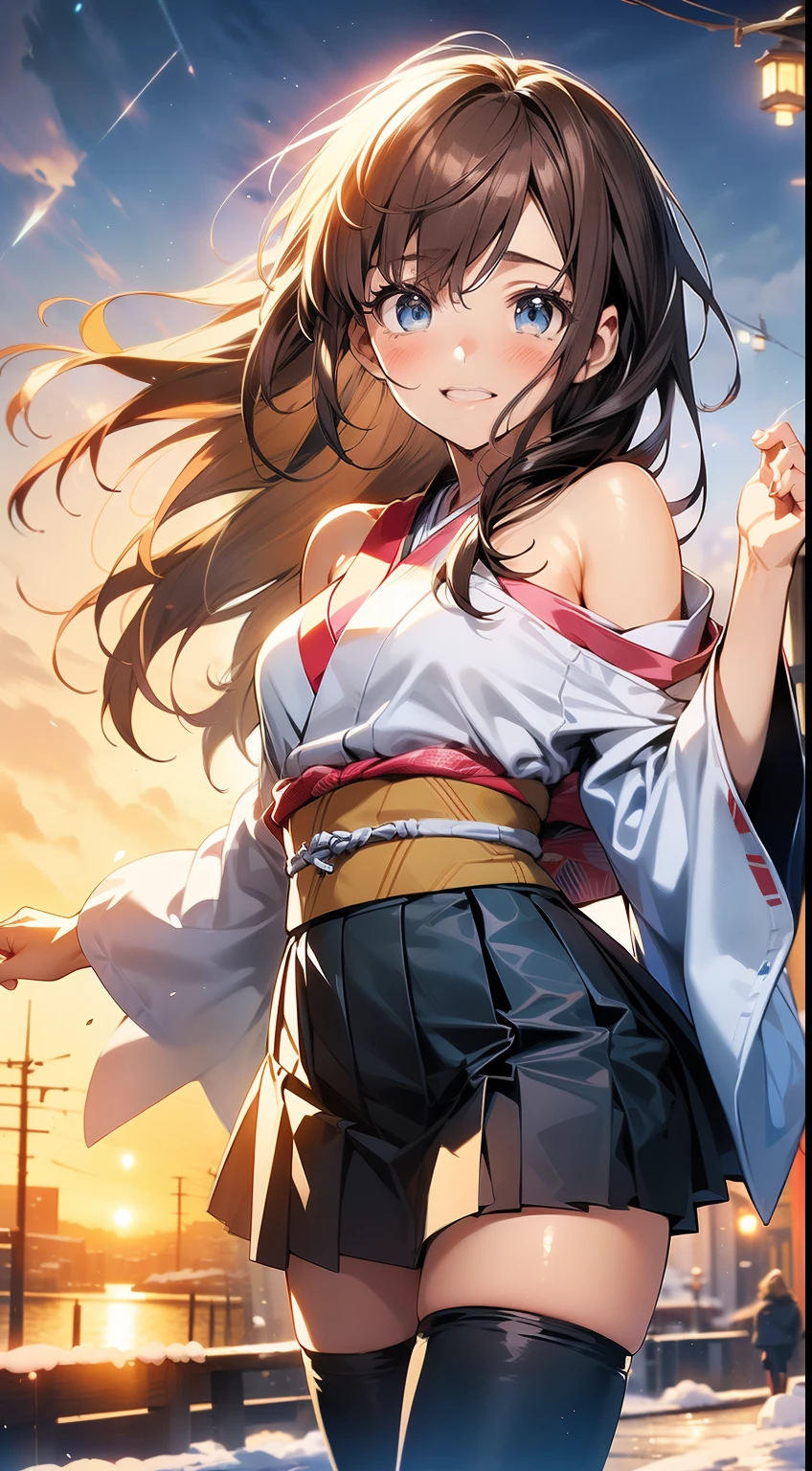 ((masterpiece, best quality, high resolution, ultra high definition, Pixel perfect, wide angle, 4K, RTX, human development report))), 1girl in, single, alone, Beauty、see whole body、 (( Reddish-brown hair , very long hair , Short Liuhai )), ((blue eyes, beautiful eyelashes, realistic eyes)), ((Detailed face, blush:1.2)), ((smooth texture:0.75, lifelike质感:0.65, lifelike:1.1, Anime CG style)), medium breasts, Perfect body, (( Japanese kimono, pleated skirt, bare shoulders ,Black tights ,Black boots)), Smile, elegant posture , (The wind blows the long hair,bare shoulders、exposing her chest、Black tights) , Snowy scenery at night
