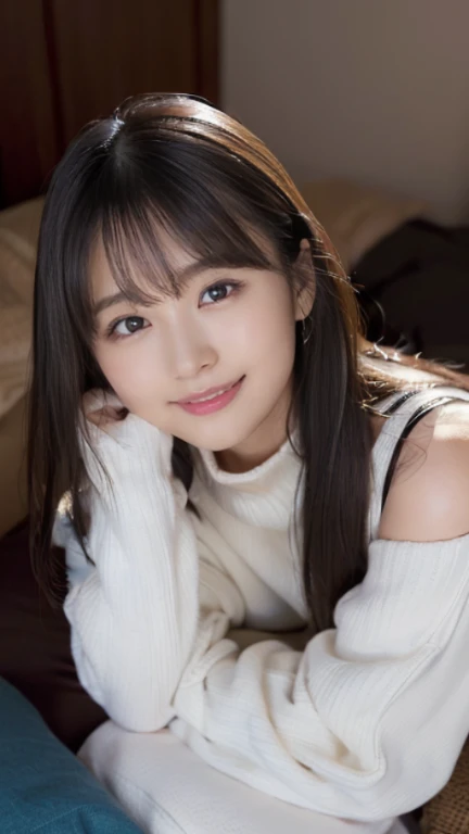 ((Dark interior with conspicuous neon lights、No window、Alcohol is displayed、dark room:1))(Photoreal)、(Super high realism)、(ultra high resolution)、(Ultra high definition)(((bright smile))) (14 year old girl、super cute face, natural makeup)(fair skin、beautiful skin、Extremely realistic texture)(sparkling eyes、realistic eyes)(brown hair、thin hair、moist and tidy hair、shiny beautiful hair、Long straight hair up to the waist、hair behind ears、extremely detailed hair)((Long piercings))beautiful breasts、beautiful cleavage、thin waist、constriction、big ass(turtleneck knit dress、Holes in the chest、micro mini)((Neon tubes on the background))(A bold inviting pose))((((From directly above、full body shot、Angle up to the ankle))))((((ベットにsleep、sleep:1、put your head on the pillow))))