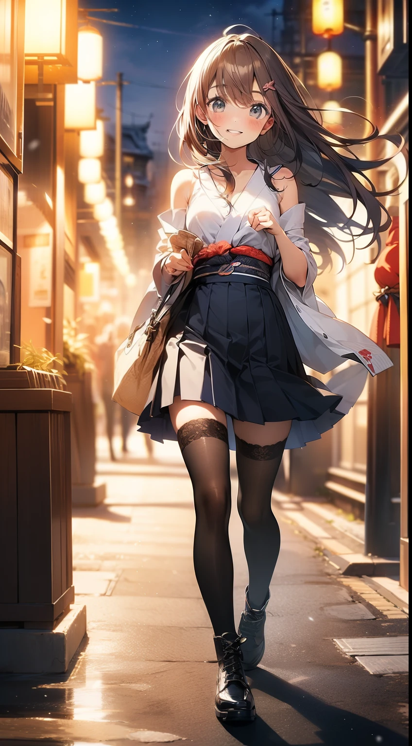 ((masterpiece, best quality, high resolution, ultra high definition, Pixel perfect, wide angle, 4K, RTX, human development report))), 1girl in, single, alone, Beauty、see whole body、 (( Reddish-brown hair , very long hair , Short Liuhai )), ((blue eyes, beautiful eyelashes, realistic eyes)), ((Detailed face, blush:1.2)), ((smooth texture:0.75, lifelike质感:0.65, lifelike:1.1, Anime CG style)), medium breasts, Perfect body, (( Japanese kimono, pleated skirt, bare shoulders ,Black tights ,Black boots)), Smile, elegant posture , (The wind blows the long hair，bare shoulders、exposing her chest、Black tights) , Snowy scenery at night