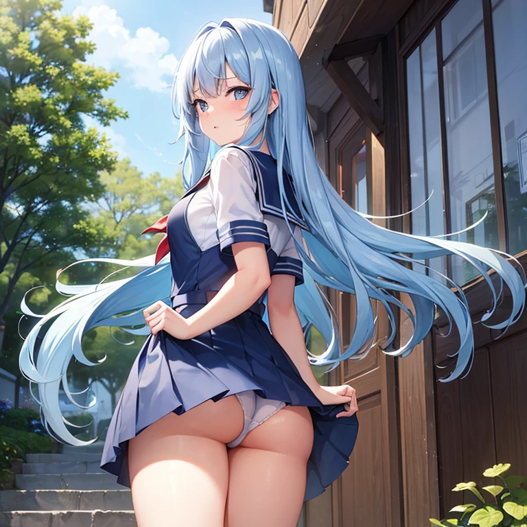 One girl, masterpiece, cute girl, no , looking back, from below, sailor suit, blue sailor skirt, white knee high socks, light blue hair, long hair, pussy j detail, 4k, sexy, good pl, 4k, detailed