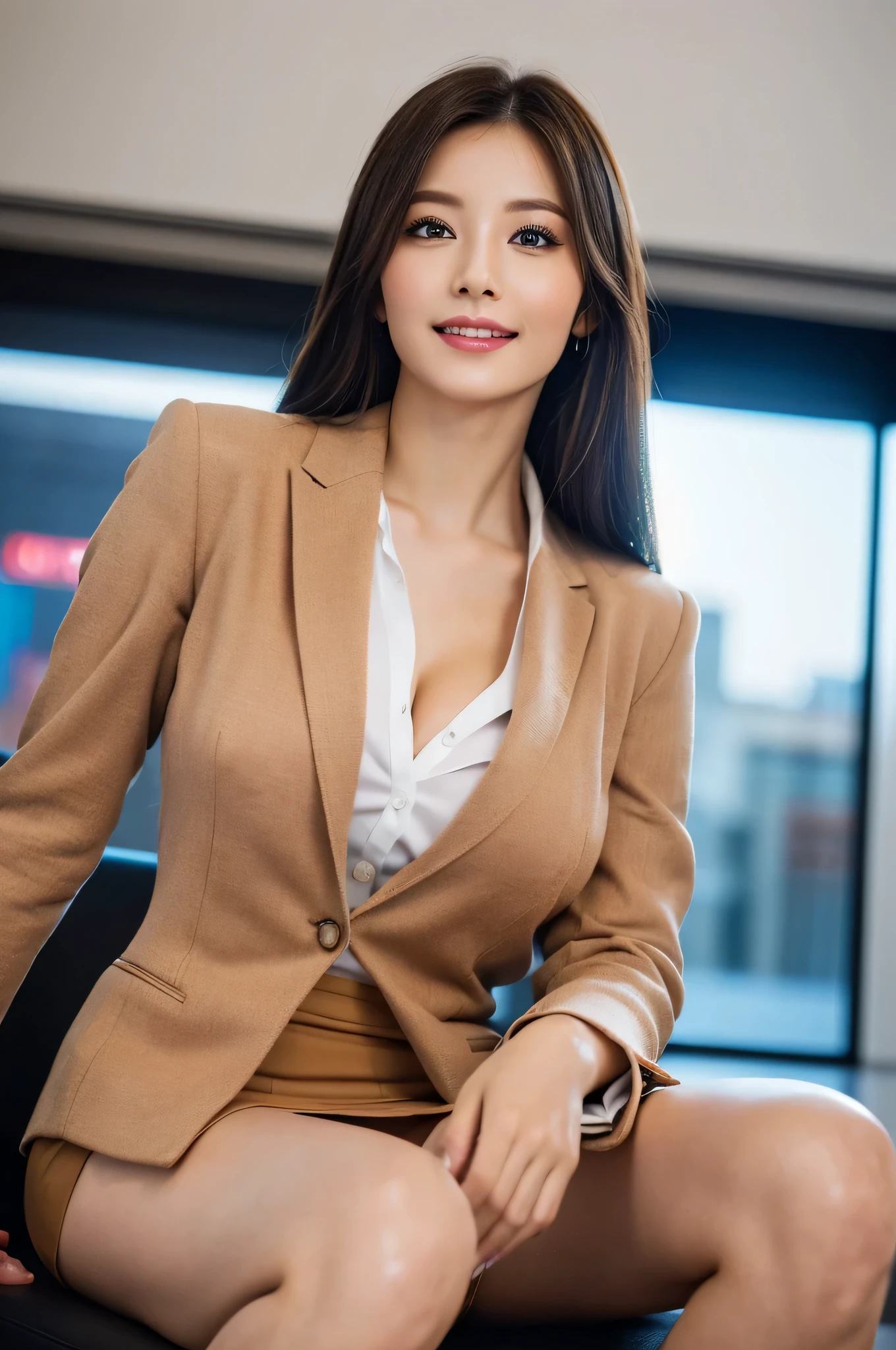(1woman), Beautiful, Amazing face and eyes, makeup, (extremely detailed beautiful face), seducting smile, (Best Quality:1.4), (Ultra-detailed), (extremely detailed CG unified 8k wallpaper), Highly detailed, raw photos, Professional Photography, (Business Suit, Mini skirt:1.2), (Business shirt with wide open chest), (Spread your legs), (cameltoe:1.3), (view from below:1.2)