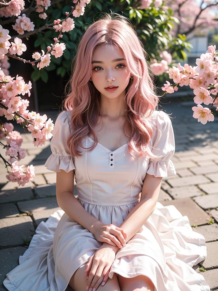 light pink hair, pink eyes, pink and white, cherry blossom leaves, Bright colors, white dress, paint splashes, simple background, ray tracing, wavy hair
