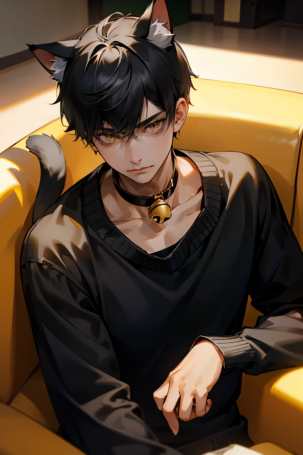 1boy, upper body,  black short hair, cat boy, personification, cat ears, golden eyes, cat tail, black sweater, cold face, sanpaku, cat bell around neck, sitting on sofa, looking at camera, Ray tracing, Best Quality, dramatic shadows, 8K, masterpiece,