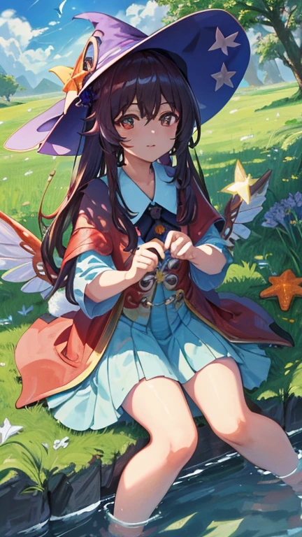a (eyes sparkling with starfish), with a natural color combination, sitting in a meadow, under a shady tree, holding a magic wand, wearing a witch's hat, loose hair (red), beautiful butterfly (glowing blue wings), looking up at the clear sky, playing with a rabbit using water magic, The camera angle from the far side highlights the breadth of the view, HD wallpaper with 4k resolution, characters inspired from a game (Genshin impact) ((Hu Tao)).