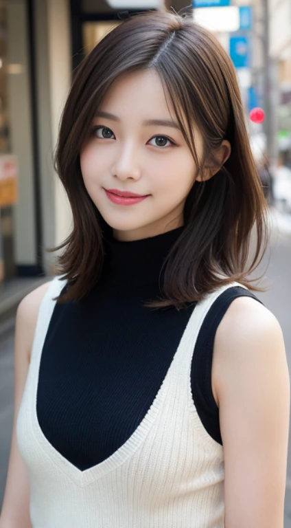 table top, highest quality, figure, super detailed, finely, High resolution, 8k wallpaper, 完璧なダイナミックな構figure, beautiful and fine eyes, High neck sleeveless knit,medium hair, natural color lip, random sexy poses,smile,Aoyama Street Walk、20 year old girl