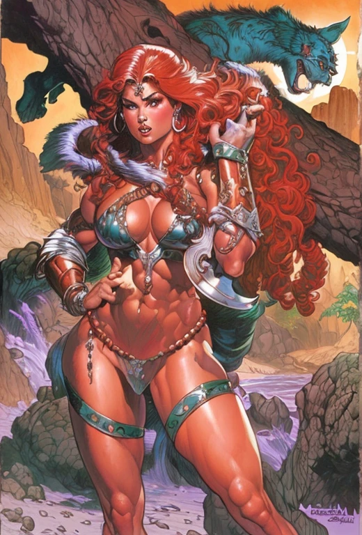 (obra de arte, melhor qualidade, high resolution:1.2), {babes}, um desenho de uma mulher com cabelos ruivos e uma espada, inspired por Clyde Caldwell, rainha ruiva em armadura vermelha pesada, inspirado em Joe Jusko, Direction: Glenn Fabry, por Clyde Caldwell, Mark Brooks Frank Frazetta, inspirado por Earl Norem, uma mulher berserker muito bonita, inspirado em Alex Horley-Orlandelli, very beautiful female barbarian