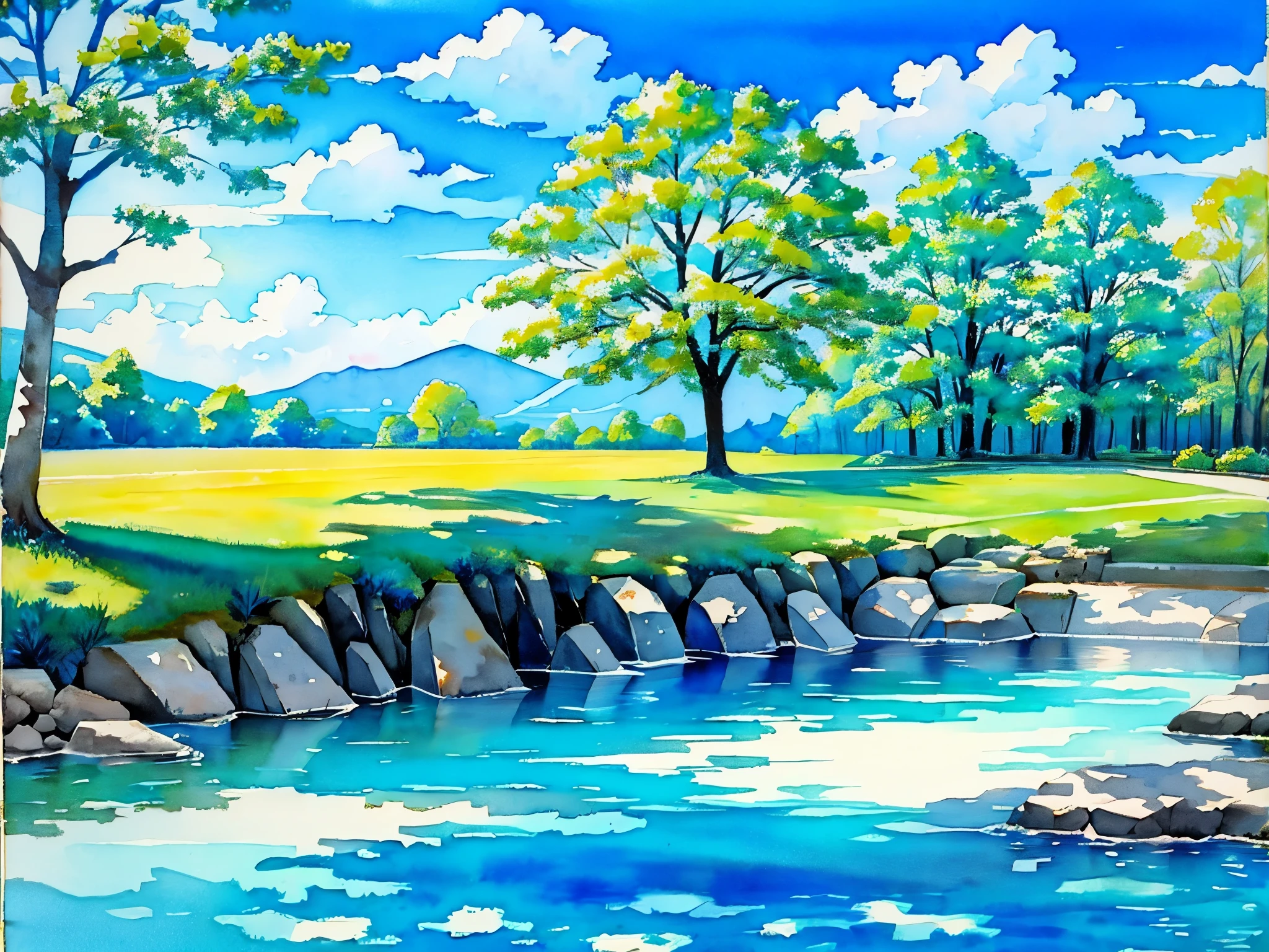 Landscape painting、Blue sky、Beautiful tree々、Magnificent blue sky、White cloud、Landscapes with depth、beautiful nature、dynamic composition、watercolor painting