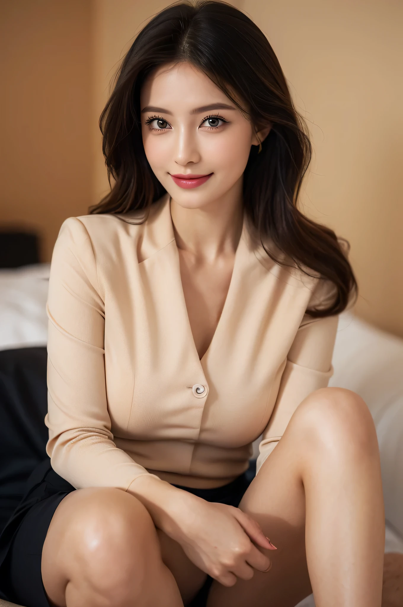 (1woman), Beautiful, Amazing face and eyes, makeup, (extremely detailed beautiful face), seducting smile, (Best Quality:1.4), (Ultra-detailed), (extremely detailed CG unified 8k wallpaper), Highly detailed, raw photos, Professional Photography, (Business Suit, Mini skirt:1.2), (Business shirt with wide open chest), (Spread your legs), (cameltoe:1.3), (view from below:1.2)