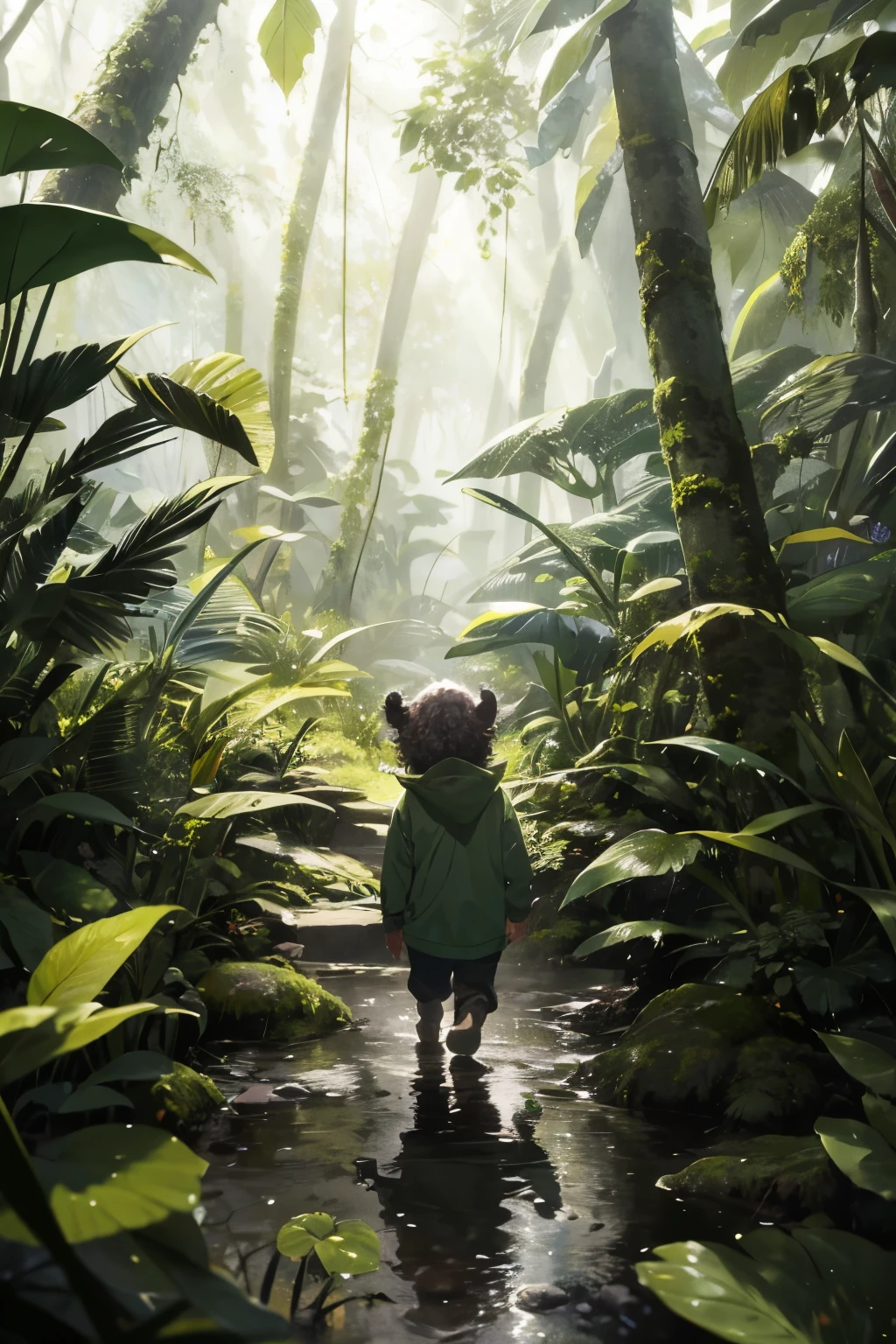 A ???, with rosy cheeks and wet curls, ambling through a forest, extraordinarily detailed and colorful scene, captures the essence of a rainy day adorned with the beauty of nature. The sand pad, slick and glossy, reflects the gentle rays of sunlight that break through the canopy of leaves from the towering big trees, each trunk intricately textured with knots and moss in various shades of green. Raindrops, in mid-air, glisten like diamonds against the backdrop of the moody sky, adding an air of tranquility to the scenery. The ???, bundled up, looks up at the sky with awe