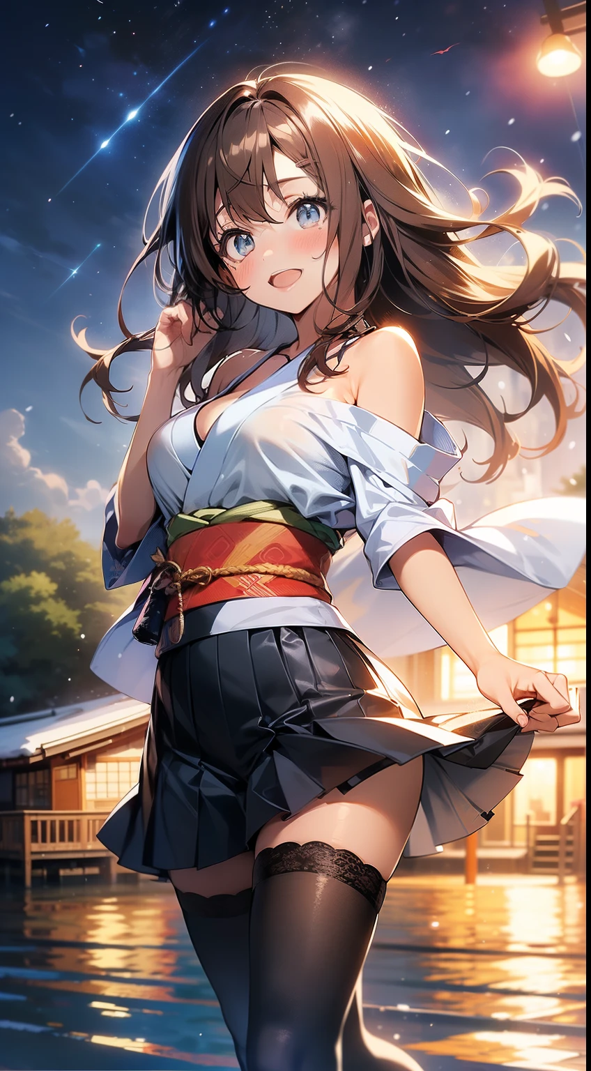 ((masterpiece, best quality, high resolution, ultra high definition, Pixel perfect, wide angle, 4K, RTX, human development report))), 1girl in, single, alone, Beauty、see whole body、 (( Reddish-brown hair , very long hair , Short Liuhai )), ((blue eyes, beautiful eyelashes, realistic eyes)), ((Detailed face, blush:1.2)), ((smooth texture:0.75, lifelike质感:0.65, lifelike:1.1, Anime CG style)), medium breasts, Perfect body, (( Japanese kimono, pleated skirt, bare shoulders ,Black tights ,Black boots)), Smile, sexy pose , (The wind blows the long hair,bare shoulders、exposing her chest、Black tights) , Lakeside at night ,It was snowing heavily