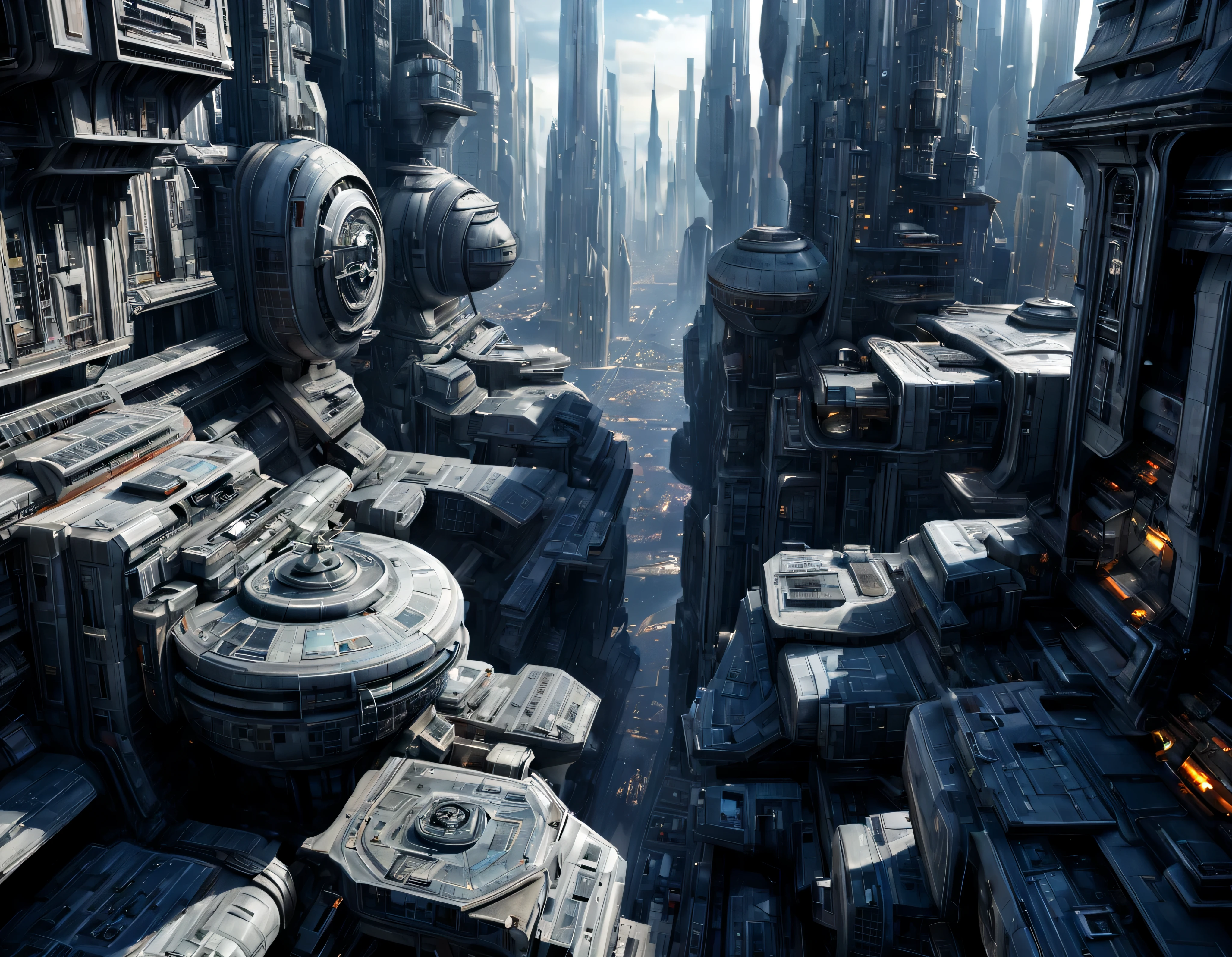 (The city of Coruscant from Star Wars as designed by Doug Chiang), futuristic fantasy city with immense buildings of technological design (que forman una avenida infinita), non-blurred compact buildings with metallic appearance, luces en ventanas en edificios, daylight lighting with sun, con estructuras acristaladas espectaculares, (con colores vivos). pavimento ensolado (sin brillo). gente paseando. imagen bien definida con muchos edificios juntos. sharp well defined 8k image. los edificios llegan alta el fondo.,8k. cinematographic image. ((obra maestra de superior calidad)). (renderizado 3D).
