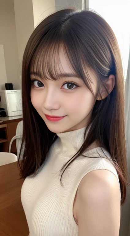 table top, highest quality, figure, super detailed, finely, High resolution, 8k wallpaper, 完璧なダイナミックな構figure, beautiful and fine eyes, white high neck sleeveless knit dress,straight hair,small breasts natural color lip, random sexy pose,smile,Home、25 year old girl、cute、sexy shot looking at camera,perfect and beautiful face