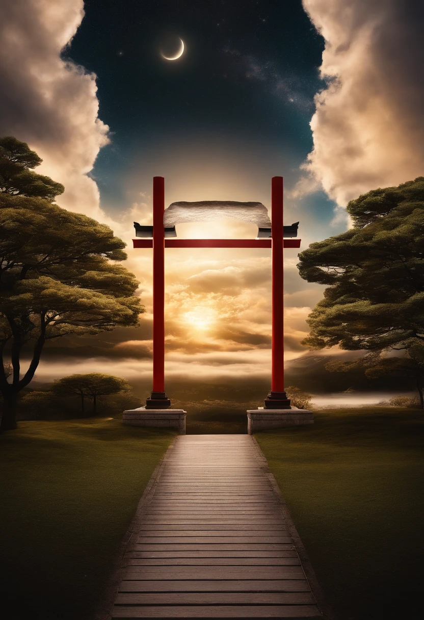 Create an image with a celestial body in the background, Stars and clouds, represents god'like. insert a poem "神はご自分の独り子をお与えになるほどに世をlikeされたからです, Those who believe in him will not perish、should have eternal life." elegantly, Golden letters.((cloud heart shape)),(Japan torii gate)