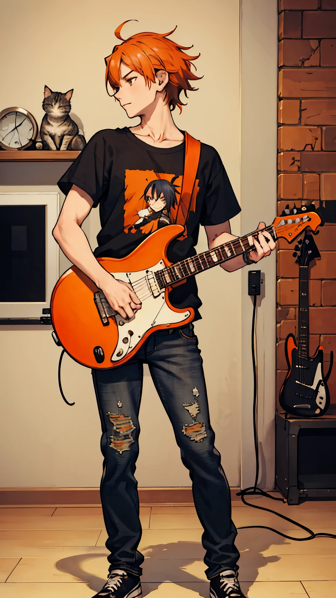 masterpiece, top quality, photorealistic, 1 Man, short mullet hairy grey, (in pop punk clothes orange, grunge style) black brown jeans washed, ripped minimalist, Bedroom, (playing electric guitar red), 1Cats, sunshine, morning