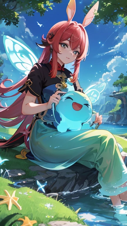 a (eyes sparkling with starfish), with a natural color combination, sitting in a meadow, under a shady tree, holding a magic wand, loose hair (red), beautiful butterfly (glowing blue wings), looking up at the clear sky, playing with a rabbit using water magic, The camera angle from the far side highlights the breadth of the view, HD wallpaper with 4k resolution, characters inspired from a game (Genshin impact) ((Hu Tao)), slime creature in his lap.