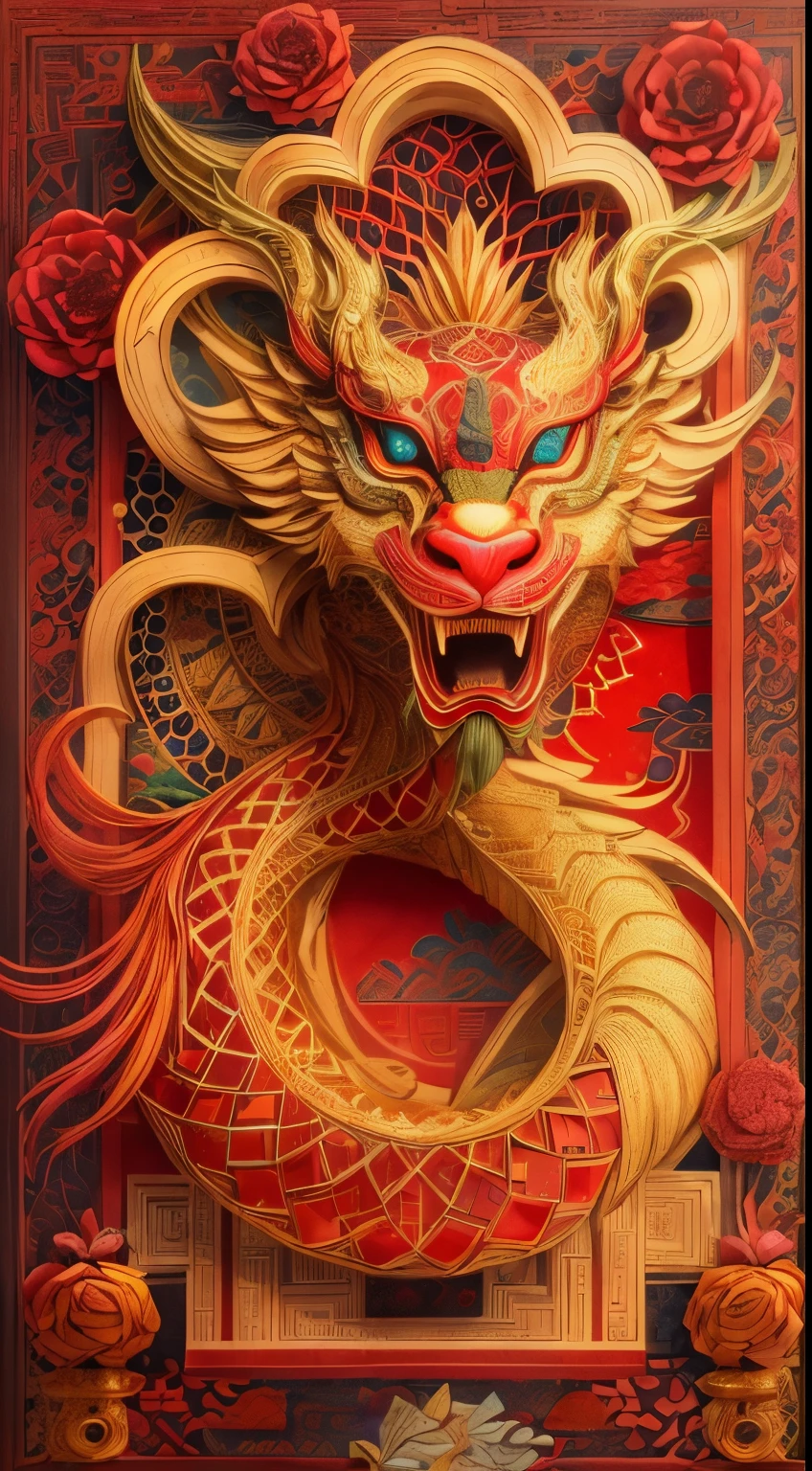 （sun，edgBunny，Change，Golden Chinese dragon，lantern，Chinese New Year)，red background，(paper art, Quilted paper art:1.2, geometry:1.1, Zentangle,3d rendering), (extremely colorful, best quality, detailed details, masterpiece, official art, Lighting effects, 4K)