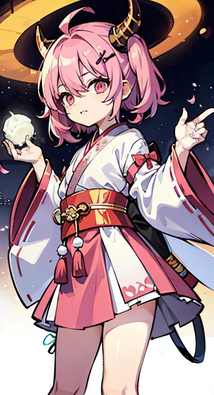 pink hair loli，red ghost horn，Hanfu，cute，Lively