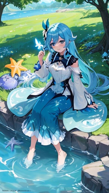 a (eyes sparkling with starfish), with a natural color combination, sitting in a meadow, under a shady tree, holding a magic wand, loose hair (red), beautiful butterfly (glowing blue wings), looking up at the clear sky, playing with a rabbit using water magic, The camera angle from the far side highlights the breadth of the view, HD wallpaper with 4k resolution, characters inspired from a game (Genshin impact) ((venti)), slime creature in his lap.