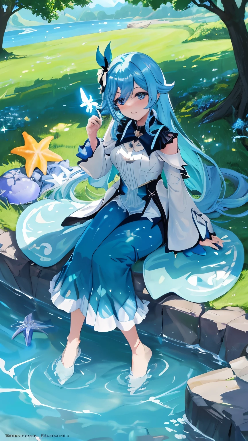 a (eyes sparkling with starfish), with a natural color combination, sitting in a meadow, under a shady tree, holding a magic wand, loose hair (red), beautiful butterfly (glowing blue wings), looking up at the clear sky, playing with a rabbit using water magic, The camera angle from the far side highlights the breadth of the view, HD wallpaper with 4k resolution, characters inspired from a game (Genshin impact) ((venti)), slime creature in his lap.
