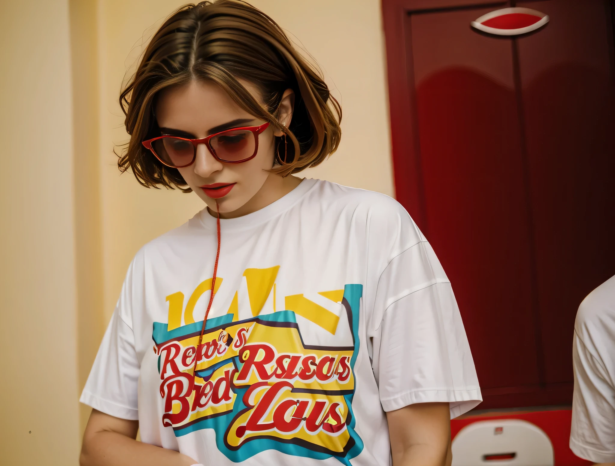 there is a woman with red glasses and a white t-shirt, wearing red glasses, em camiseta, wearing orange sunglasses, imagem de qualidade muito baixa, shot on nicon camera, 90's color foto, 8k