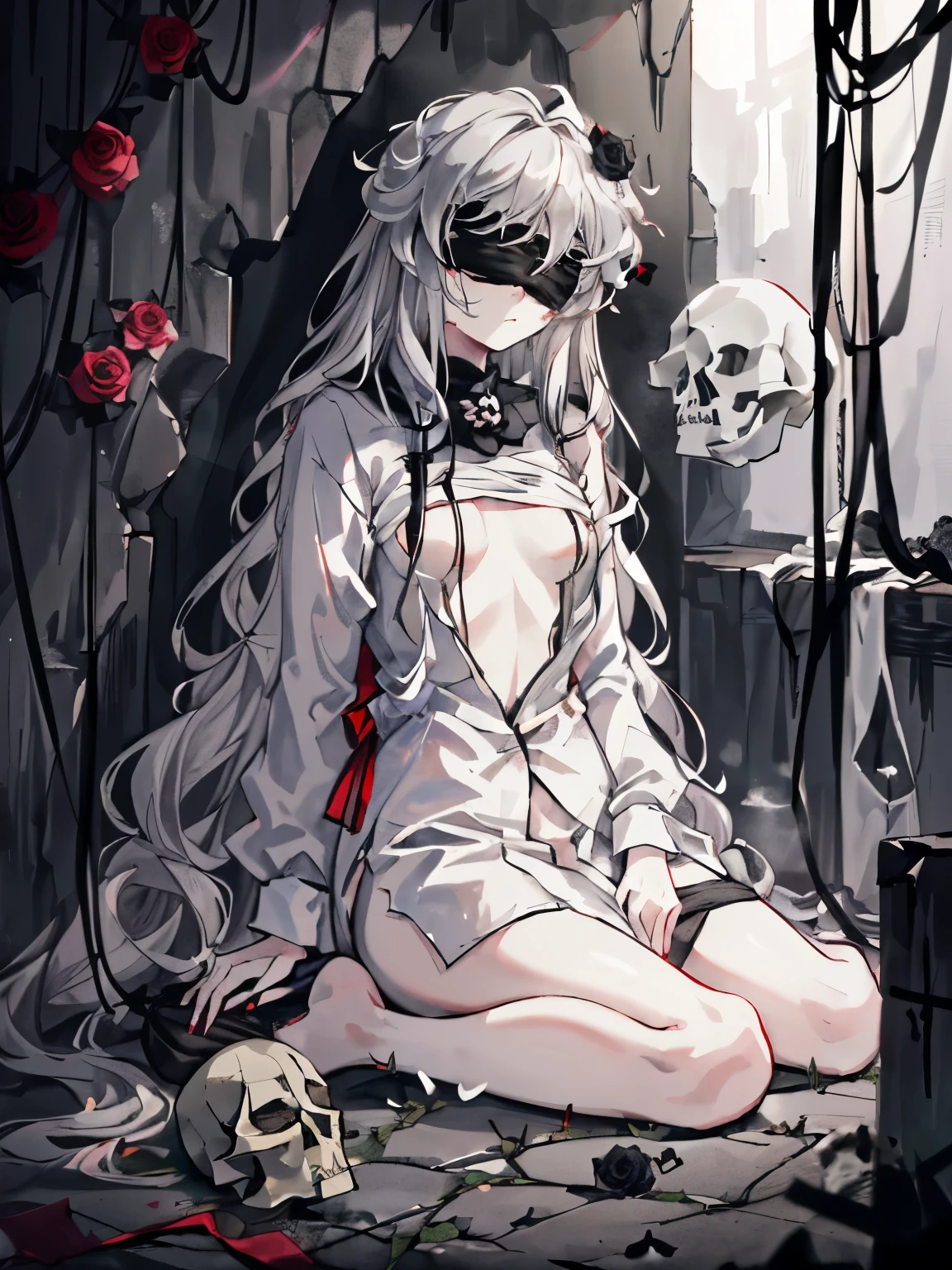 character//1 girl,(sooty gray hair:1.2),((curly long hair:1.2)),((blindfold:1.5)),BREAK//((White clothes that look like the hospital clothes of a bloody inpatient.:1.3)),(Scruffed and bloody bare feet:1.4),((Body as thin as bones:1.3)),(nails are sharp and long:1.4),BREAK//((Corner of the room:1.2)),((Bury your body in a gap so narrow that no light can reach it.:1.6)),((Expressionless:1.6)),((Sitting down with your knees:1.5)),BREAK//((black rose flower:1.4)),BREAK//((Vague white steam rises against the black darkness background:1.3)),((Mass skull:1.4)),(((No background:1.2))),(small breasts:1.3),