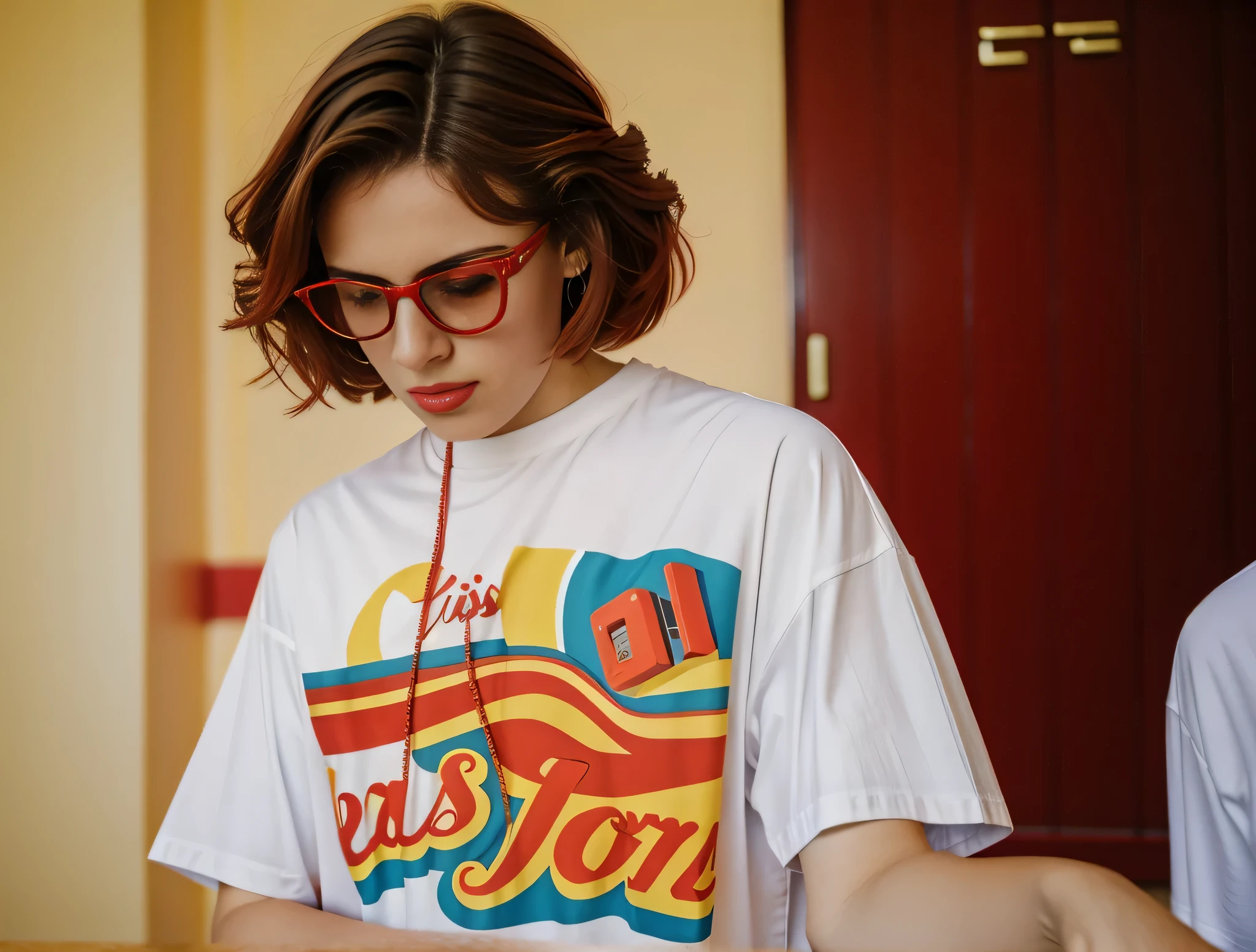 there is a woman with red glasses and a white t-shirt, wearing red glasses, em camiseta, wearing orange sunglasses, imagem de qualidade muito baixa, shot on nicon camera, 90's color foto, 8k