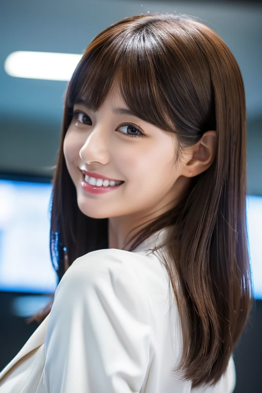 High resolution, RAW photo, realistic, very delicate and beautiful, very detailed, finely, very detailed CG unity 8K wallpaper, Super detailed, (highest quality, 8K, 32K, masterpiece, UHD:1.2), Photo of Pretty Japanese model, suit,company employee, beautiful and detailed face, Beautiful clear long eyes, delicate figure, expensive, medium straight hair, evil smile, upper teeth,超realistic, Real Anime Girls, Looking back from the side,office,career woman,front,will guide you,signboard