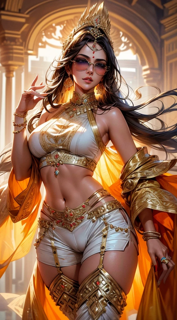 (ultra-detailed,highres),(sexy,gorgeous,attractive) desi bhabhi wearing short pants, (traditional,glamorous,fashionable) , (cameltoe, intimating shape:1.1) exposed, (stylish,sleek) sunglasses, legs spread in the shape of M, (beautiful:detailed eyes),(beautiful:detailed lips),(smooth:shiny hair)