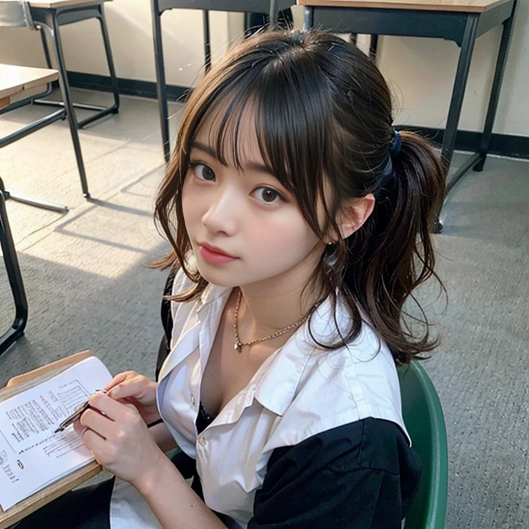 Downblouse, 15 years old school girl , munechira,(((small breasts))), looking away, leaning forward,bending over , from side above , close up, necklace ,in classroom,short sleeved school white blouse shirt, within decolated detailed bra , short hair,sitting on chair and writing in notepad,,8K, Best Quality, Masterpiece, Ultra High Resolution, (Realism: 1.4), Original Photo, (True Skin Texture: 1.3