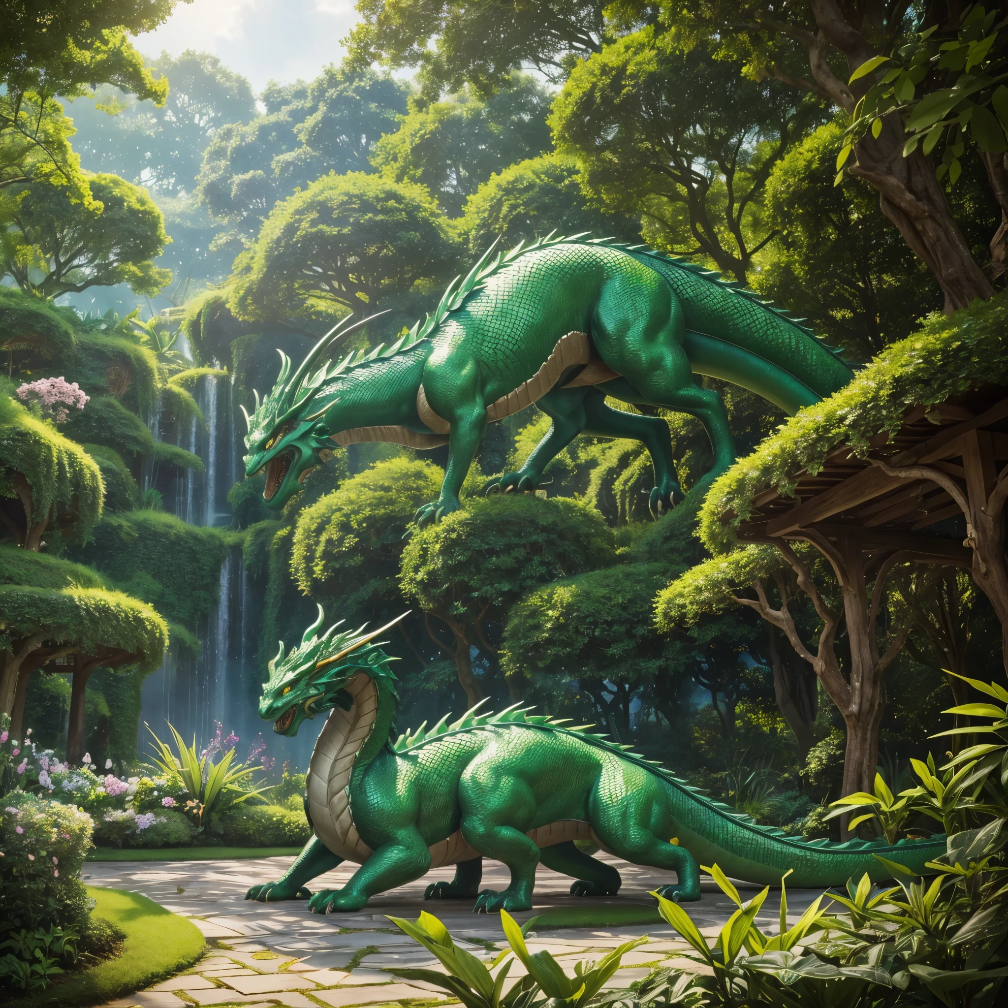 (Masterpiece: 1.3, best quality: 1.2, 4k, 8k, highres: 1.1)
Ultra-detailed and photorealistic, this artwork showcases the captivating beauty of a mystical garden. Detailed eyes and face of the dragon, adorned with long, elegant lashes, gaze intently, filled with wisdom and power. Beautiful, detailed eyes exude a vibrant, fiery glow, contrasting with the lush, green vegetation. Each scale on the dragon's body is sharp and defined, its graceful wings forming a perfect balance between power and elegance.
The enchanted garden is