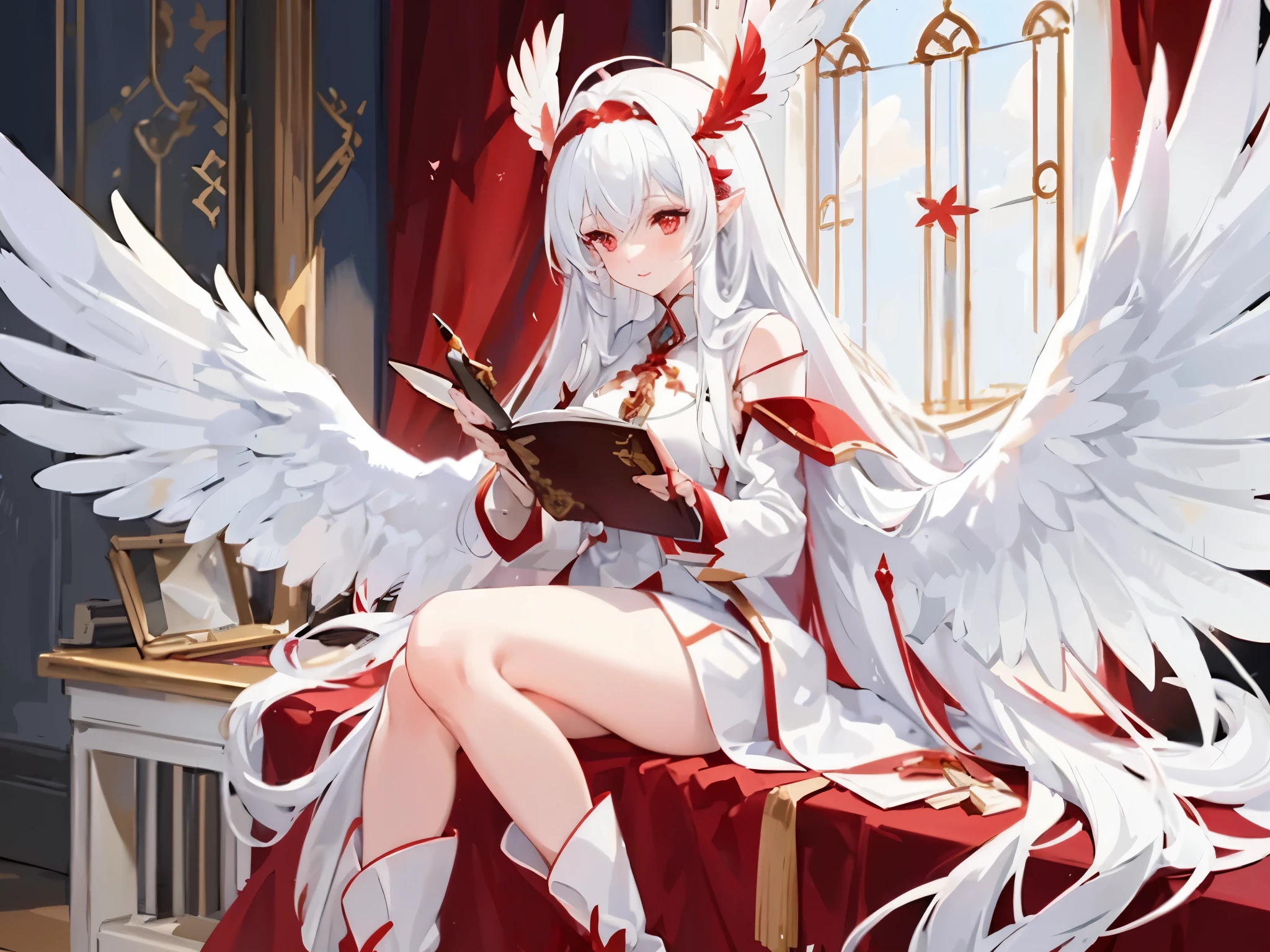 (((red feather headdress))), ((((a pair of Huge white wings)))), white cloak, ((White boots)), in the sun, sit beside a window, white hair, Bangs, long hair, gold halo, red eyes, blush, (smile), shadow, First-person perspective, ultra high definition, Award-winning, halo, precise, ((((high resolution)))), There is a white magic array under your feet, Ruby pendant, ahoge, absurdly long hair, very long hair, long hair, red lips, right eyes, ((Writing with a quill pen)), ahoge, absurdly long hair, very long hair, long hair, red lips, high detail, chiaroscuro, Ray tracing, 16k, masterpiece, high quality, High details, best quality, anatomically correct,((mature)),1girl,angel,adult,white_skin,glamor,slender face,white hair,long hair,bangs,ahoge,red eyes,dot_nose,bare shoulders,medium breasts,narrow_waist,angel wings,loose clothes,white robe with red decorations,boots,detached_sleeves,gloves,red_crystal_earrings,ruby pendant,smile,holding a quill,incredibly absurdres,artbook,illustration,day,beside the window,looking_down,(sunlight),(angel),dynamic angle, floating, wing, halo, floating white silk,(Holy Light),silver stars,