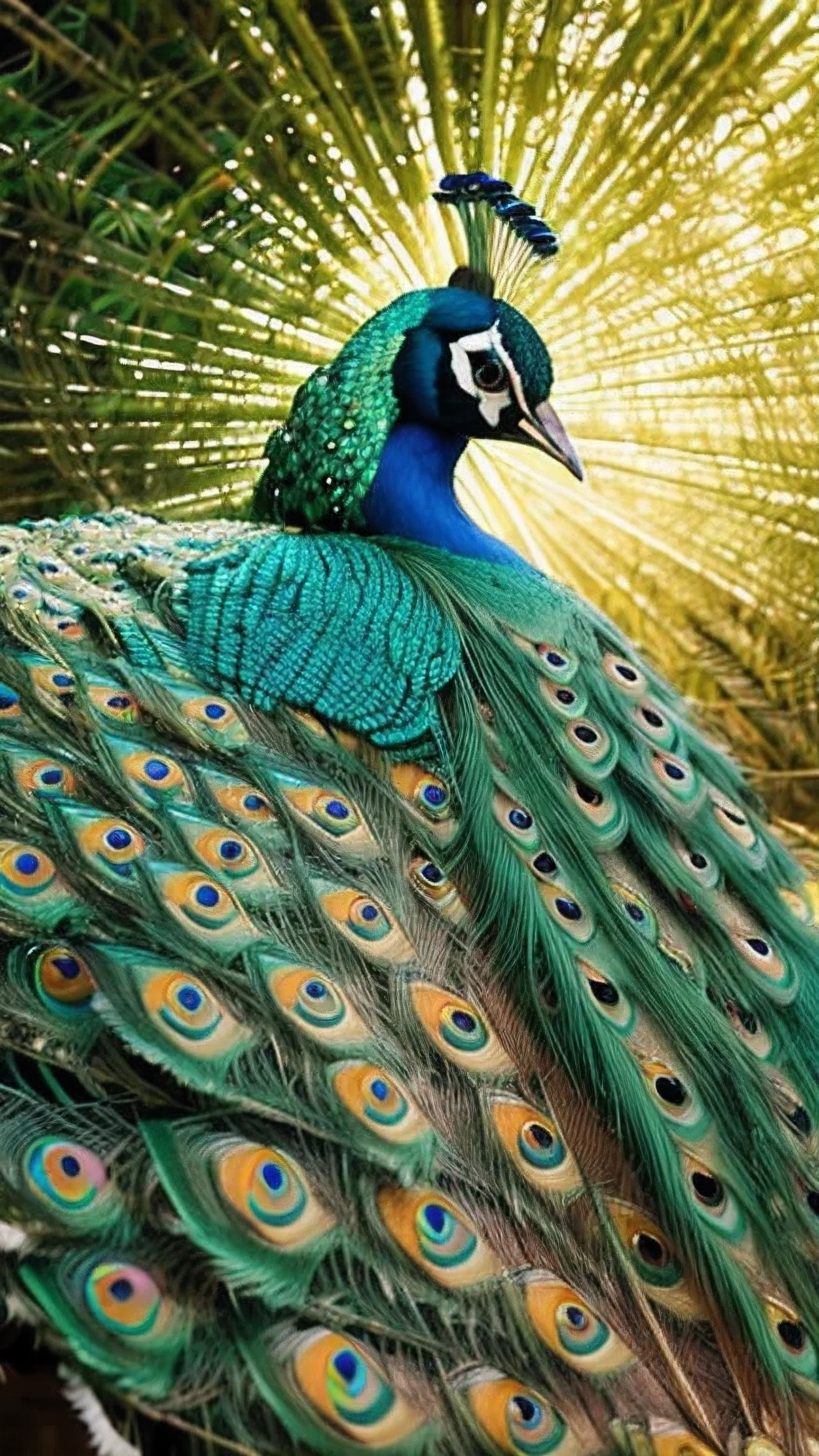 masterpiece, best quality, 8k, 4k, golden peacock, one peacock, ((Golden peacock)), Shining background, spread your wings, center of photo, close up of face, front, Luminous background, See here, blue sky, bright background in the forest