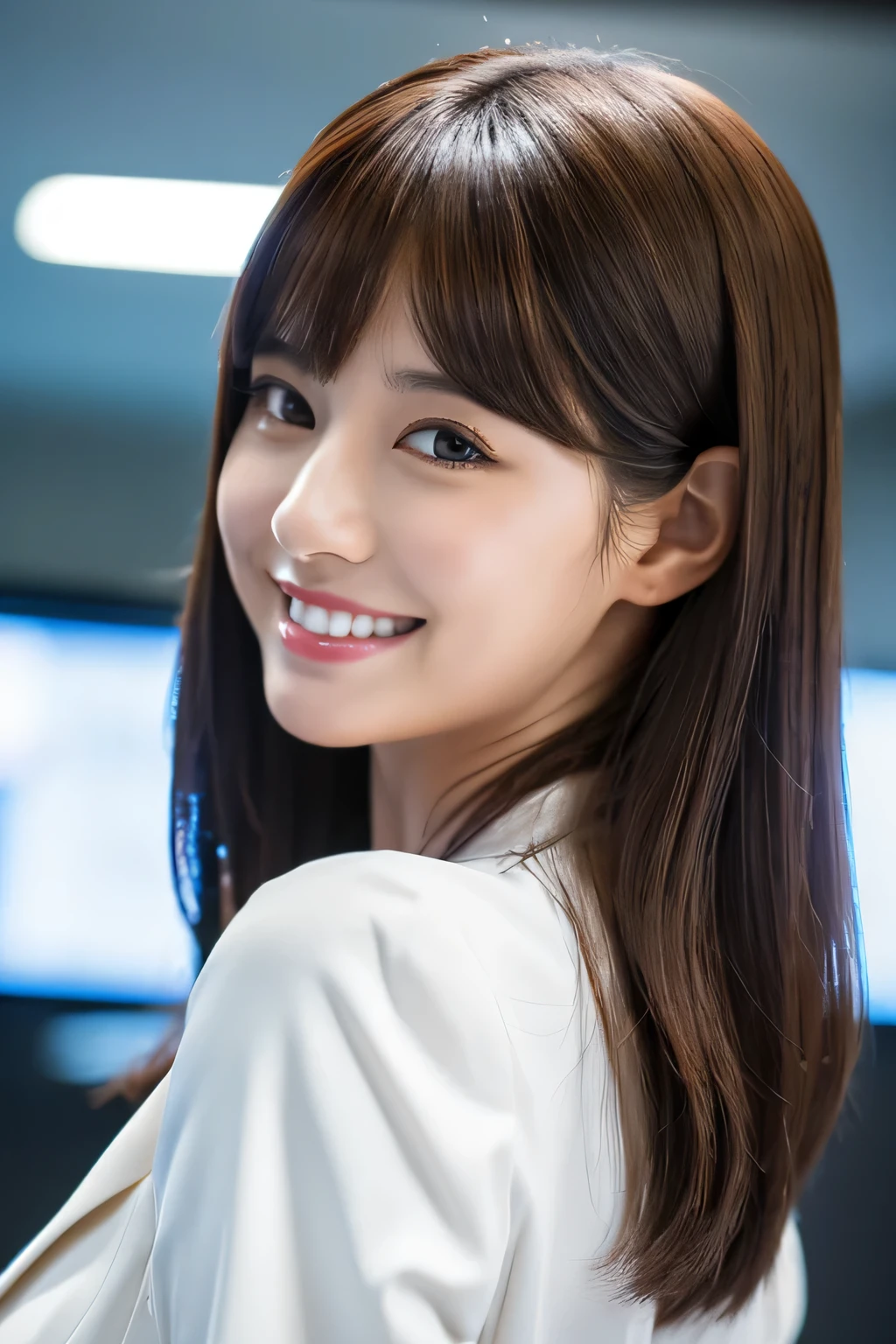 High resolution, RAW photo, realistic, very delicate and beautiful, very detailed, finely, very detailed CG unity 8K wallpaper, Super detailed, (highest quality, 8K, 32K, masterpiece, UHD:1.2), Photo of Pretty Japanese model, suit,Company employee, beautiful and detailed face, Beautiful clear long eyes, delicate figure, expensive, medium straight hair, evil smile, upper teeth,超realistic, Real Anime Girls, Looking back from the side,office,career woman,front,guide you,signboard