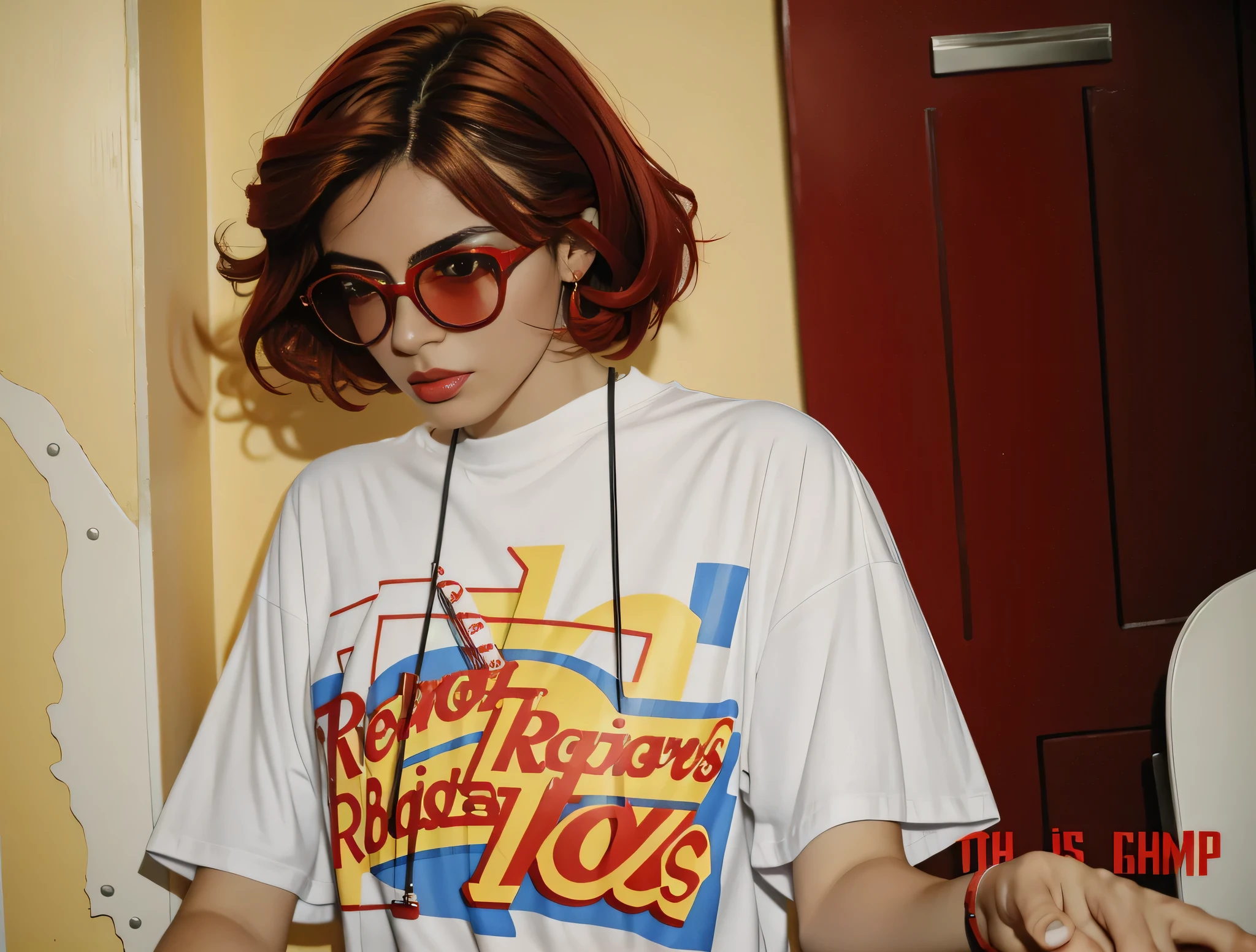 there is a woman with red glasses and a white t-shirt, wearing red glasses, em camiseta, wearing orange sunglasses, imagem de qualidade muito baixa, shot on nicon camera, 90's color foto, 8k