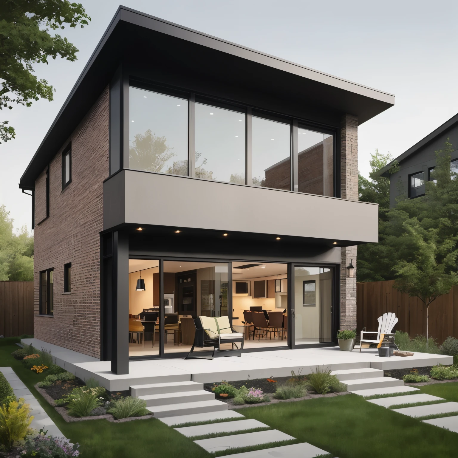 small house with a patio and a garden chair, 19th-century decorative brick, conceptual house, non-traditional modern, passive house, modern style, contemporary house, modern home, exterior project, architectural perspective, in an ultra-realistic style, comprehensive architecture project: Caroline Mytinger, modern loft house, open wall with brick architecture, modern arrangement.