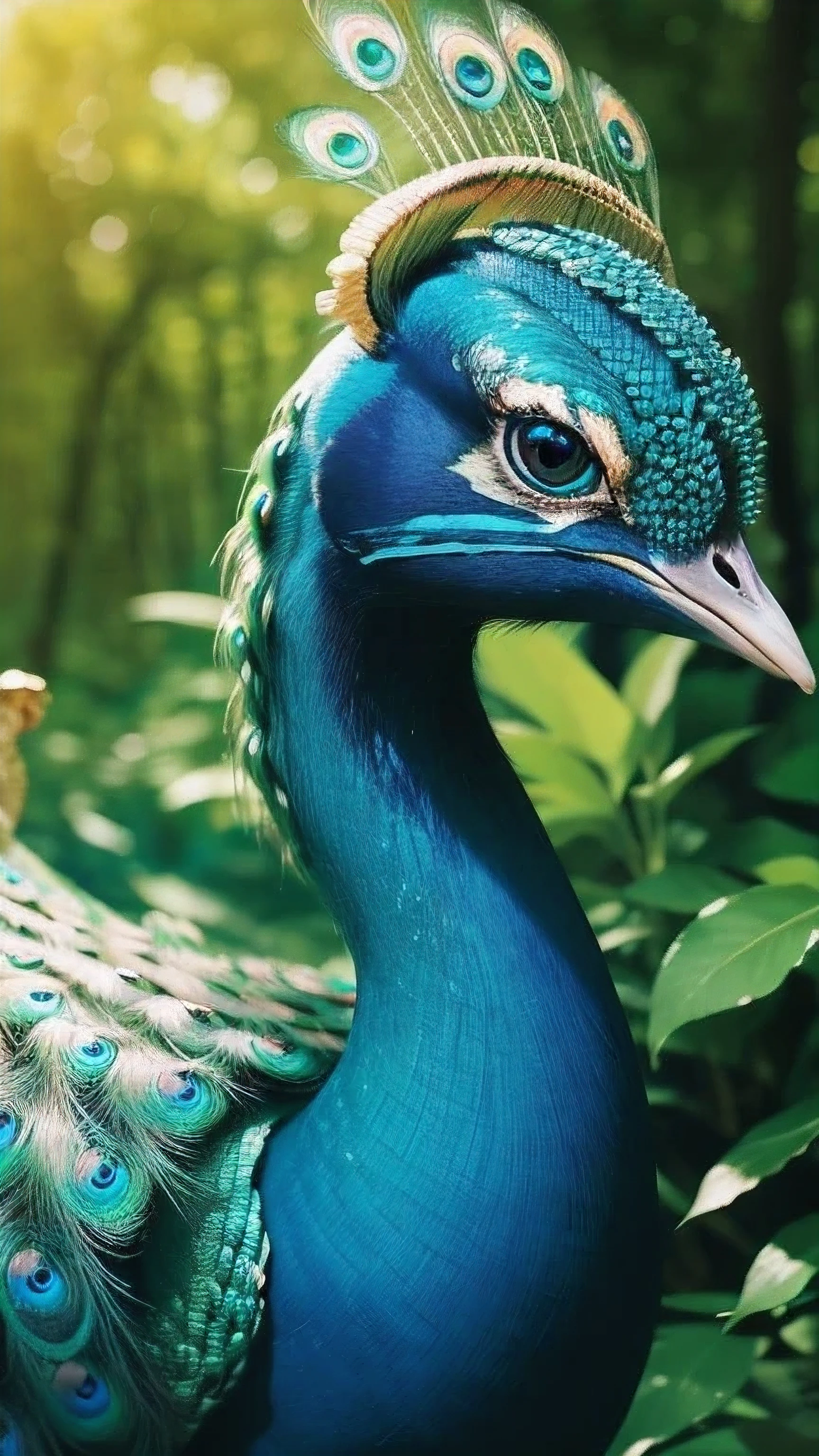 masterpiece, best quality, 8k, 4k, golden peacock, one peacock, ((Golden peacock)), Shining background, spread your wings, center of photo, close up of face, front, Luminous background, See here, blue sky, bright background in the forest