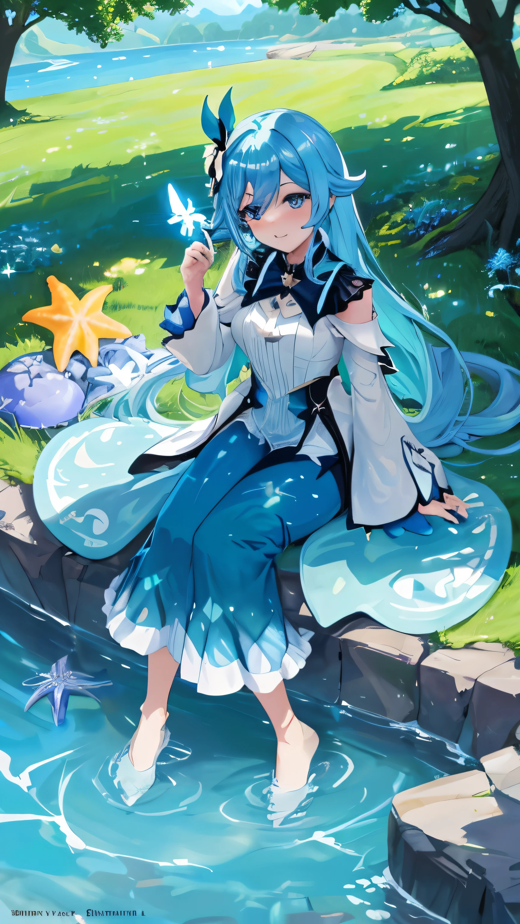 a (eyes sparkling with starfish), with a natural color combination, sitting in a meadow, under a shady tree, holding a magic wand, loose hair (red), beautiful butterfly (glowing blue wings), looking up at the clear sky, playing with a rabbit using water magic, The camera angle from the far side highlights the breadth of the view, HD wallpaper with 4k resolution, characters inspired from a game (Genshin impact) ((venti)), slime creature in his lap.