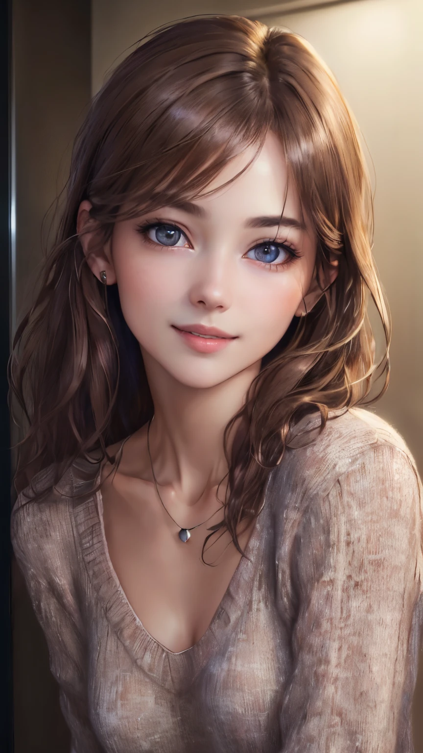 ((night、realistic light、highest quality、8K、masterpiece: 1.3))、1 girl、slim beauty: 1.4、(brown hair、medium breasts: 1.3)、Pink long sweater: 1.1、Bathroom、extra thin face、delicate eyes、 double eyelid、smile、necklace、brown eyes